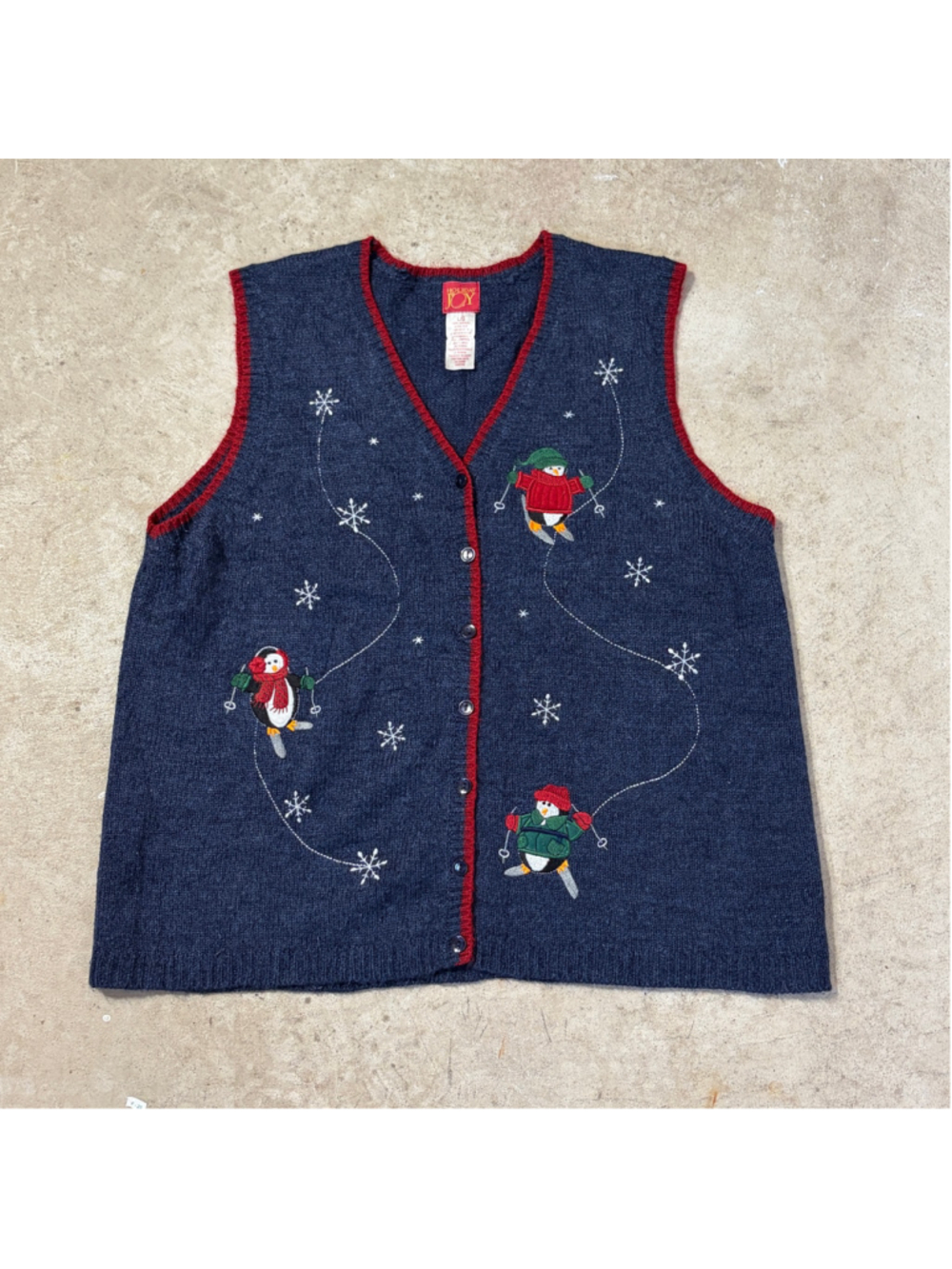 Vintage Christmas Sweater Cardigan Vest Women’s Large Penguin Skiing Blue Red